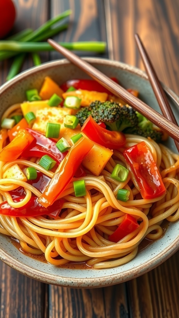A bowl of stir-fried noodles with vegetables and green onions, served with chopsticks on a rustic table.